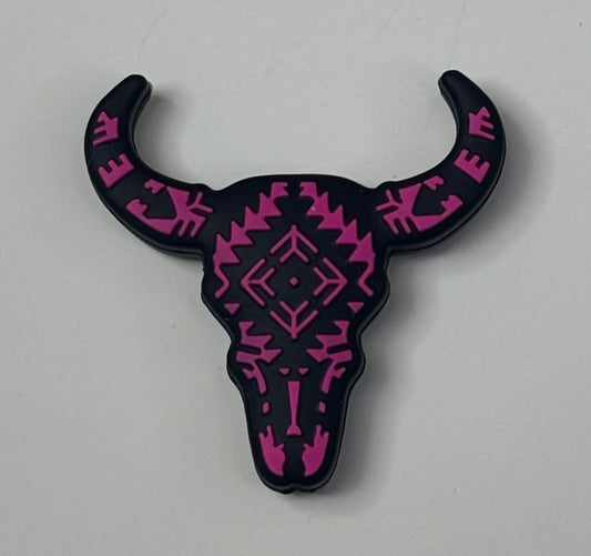 0308c-  Western Cow Head Focal Bead Pink and Black