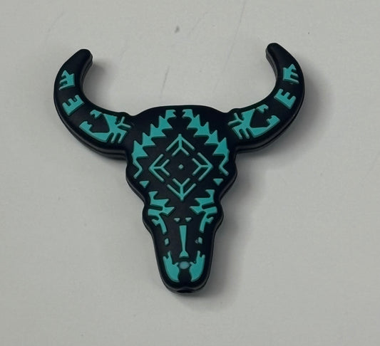 0308d-  Western Cow Head Focal Bead Turquiose and Black